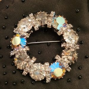 Karu Arke Aurora Borealis Brooch, Clear AB Black Diamond Rhinestones, 1950s